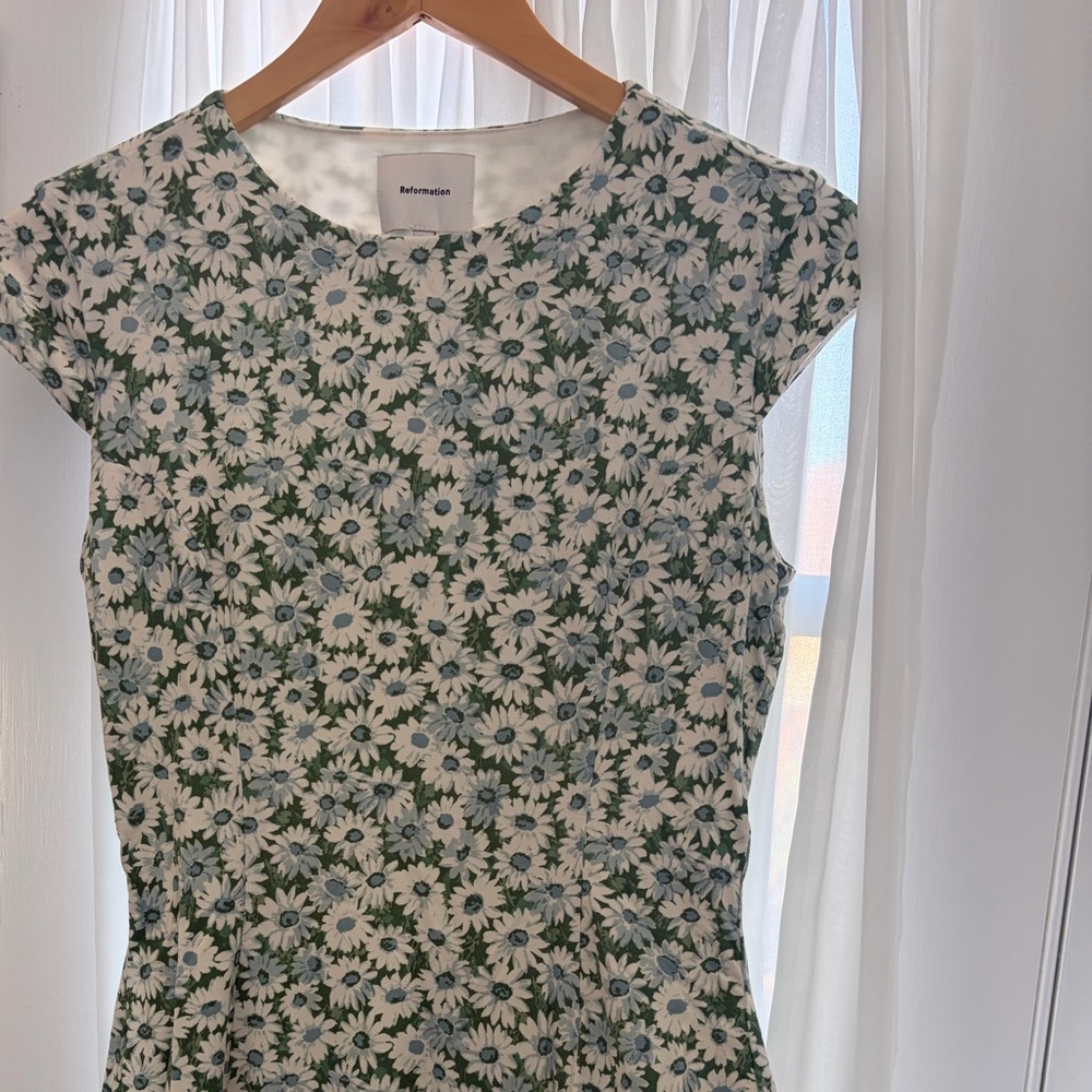 Reformation Green and White Daisy Print Dress